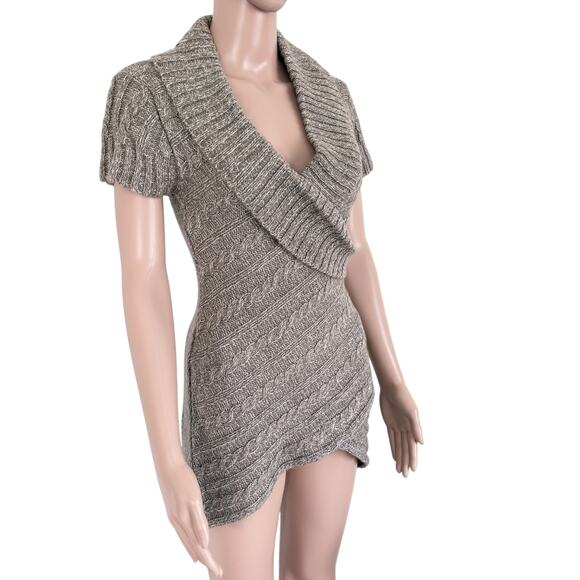 Y2K Knit Sweater Dress Short Sleeve Cowl Neck Mini Tunic S Cozy Cottage Winter - Picture 3 of 8